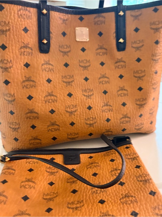 MCM Handbags - MCM Reversible Cognac Coated Canvas Tote with Matching Pouch